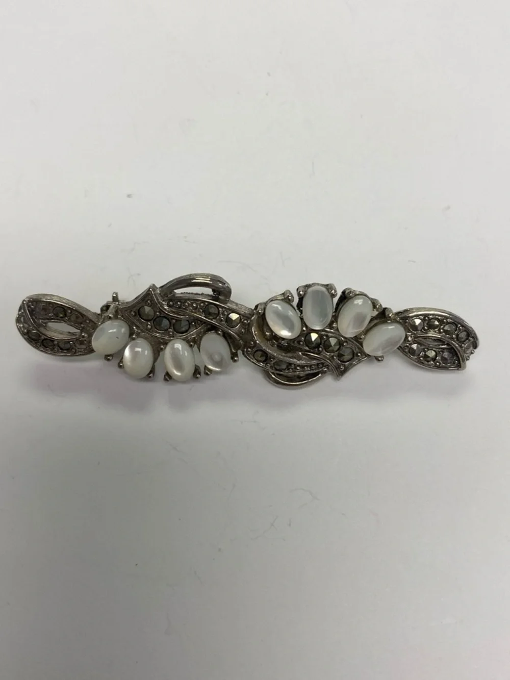 Vintage-Inspired White Cabochon & Marcasite Bar Brooch